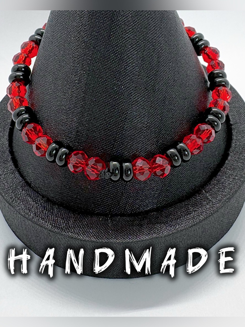 Handmade Black + Red Faceted Beaded Stretch Bracelet